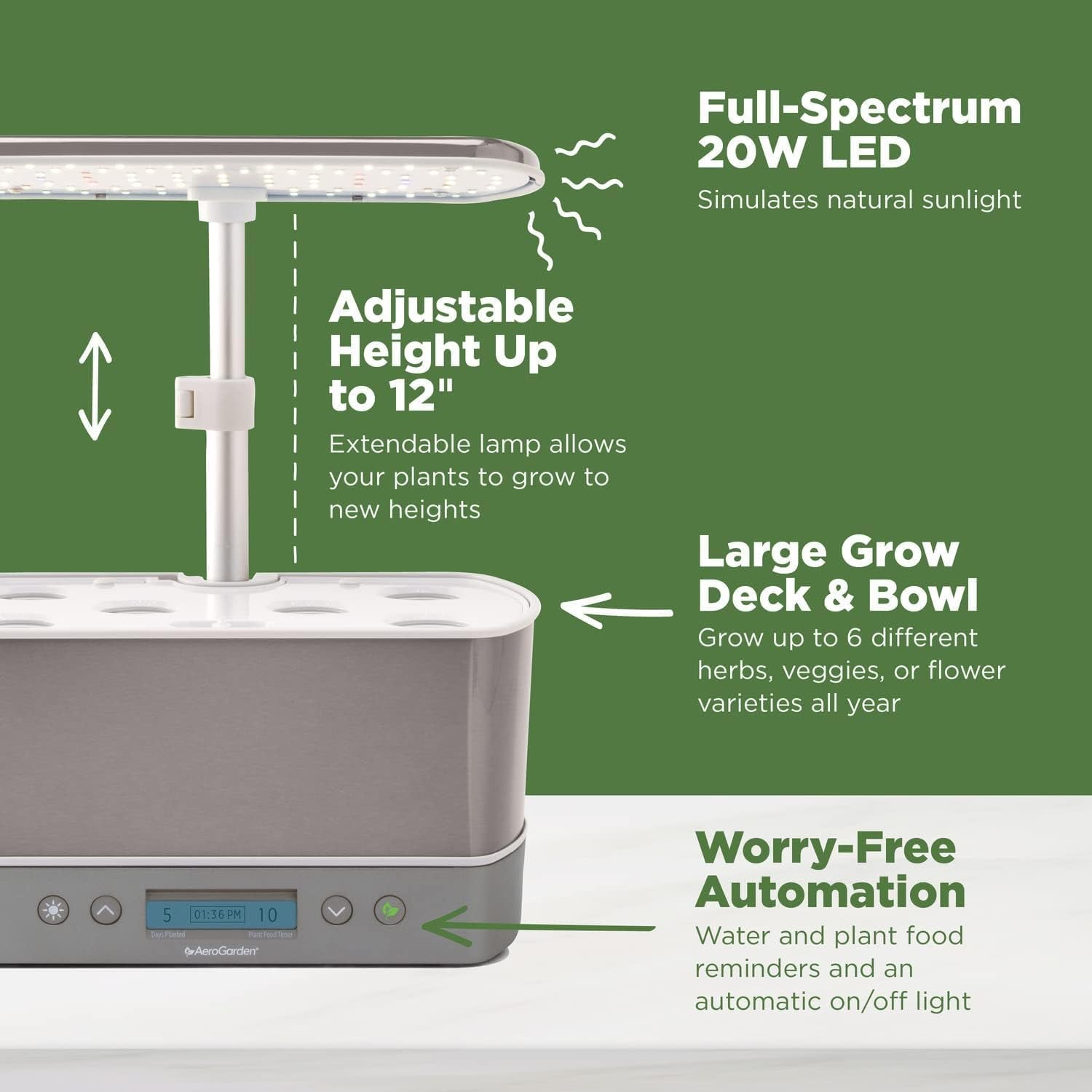 Harvest Elite Hydroponic Indoor Garden System with LED Grow Light and Seed Kit, Accommodates Up to 6 Pods, Stainless Steel Construction