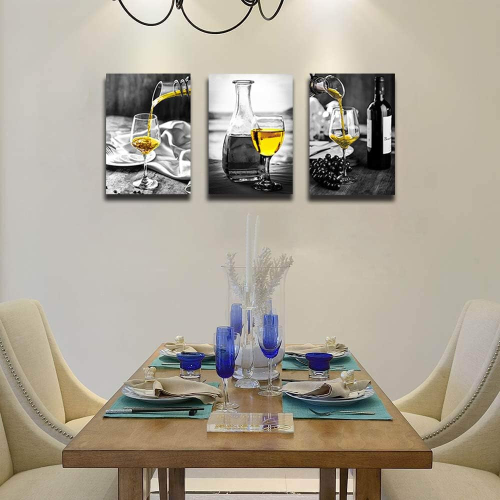 Elegant Wine-Themed Canvas Wall Art for Dining Room Decor - Black and White Artwork Featuring Yellow Wine in Cups
