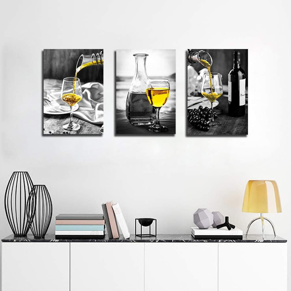 Elegant Wine-Themed Canvas Wall Art for Dining Room Decor - Black and White Artwork Featuring Yellow Wine in Cups