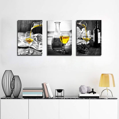 Elegant Wine-Themed Canvas Wall Art for Dining Room Decor - Black and White Artwork Featuring Yellow Wine in Cups