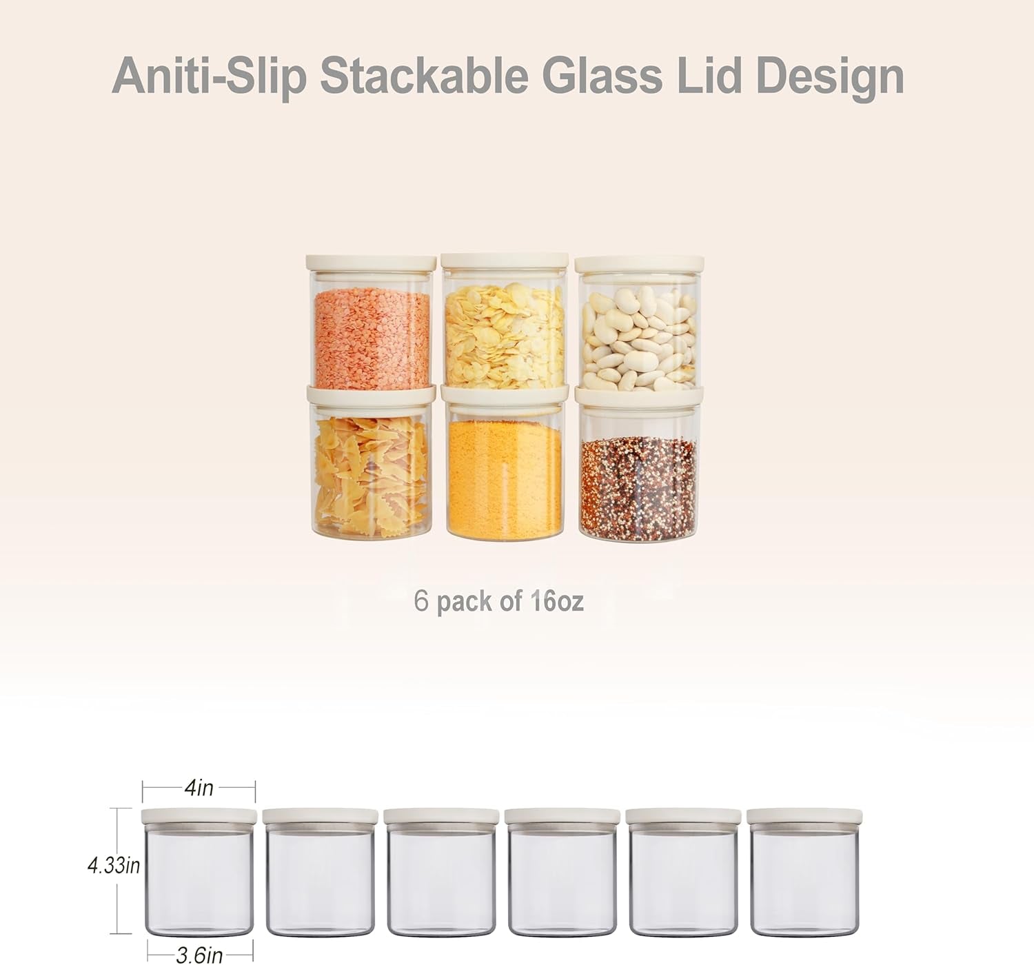 Professional Glass Food Storage Jar Set with Airtight Lids, 16oz Canisters for Kitchen Organization, Pack of 6
