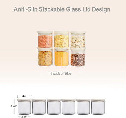 Professional Glass Food Storage Jar Set with Airtight Lids, 16oz Canisters for Kitchen Organization, Pack of 6