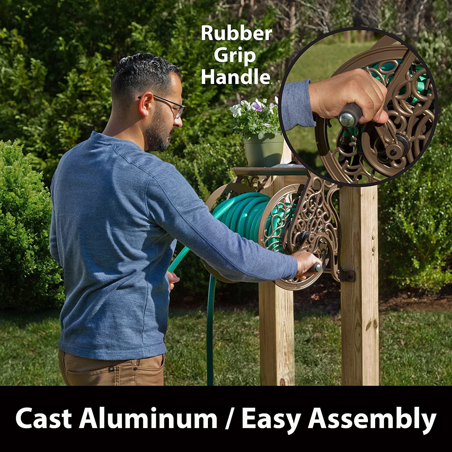 Decorative Cast Aluminum Wall-Mounted Garden Hose Reel - Bronze Finish, Accommodates 125 Feet of 5/8-Inch Hose