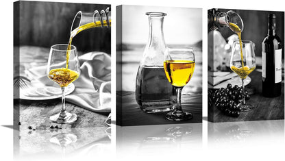 Elegant Wine-Themed Canvas Wall Art for Dining Room Decor - Black and White Artwork Featuring Yellow Wine in Cups