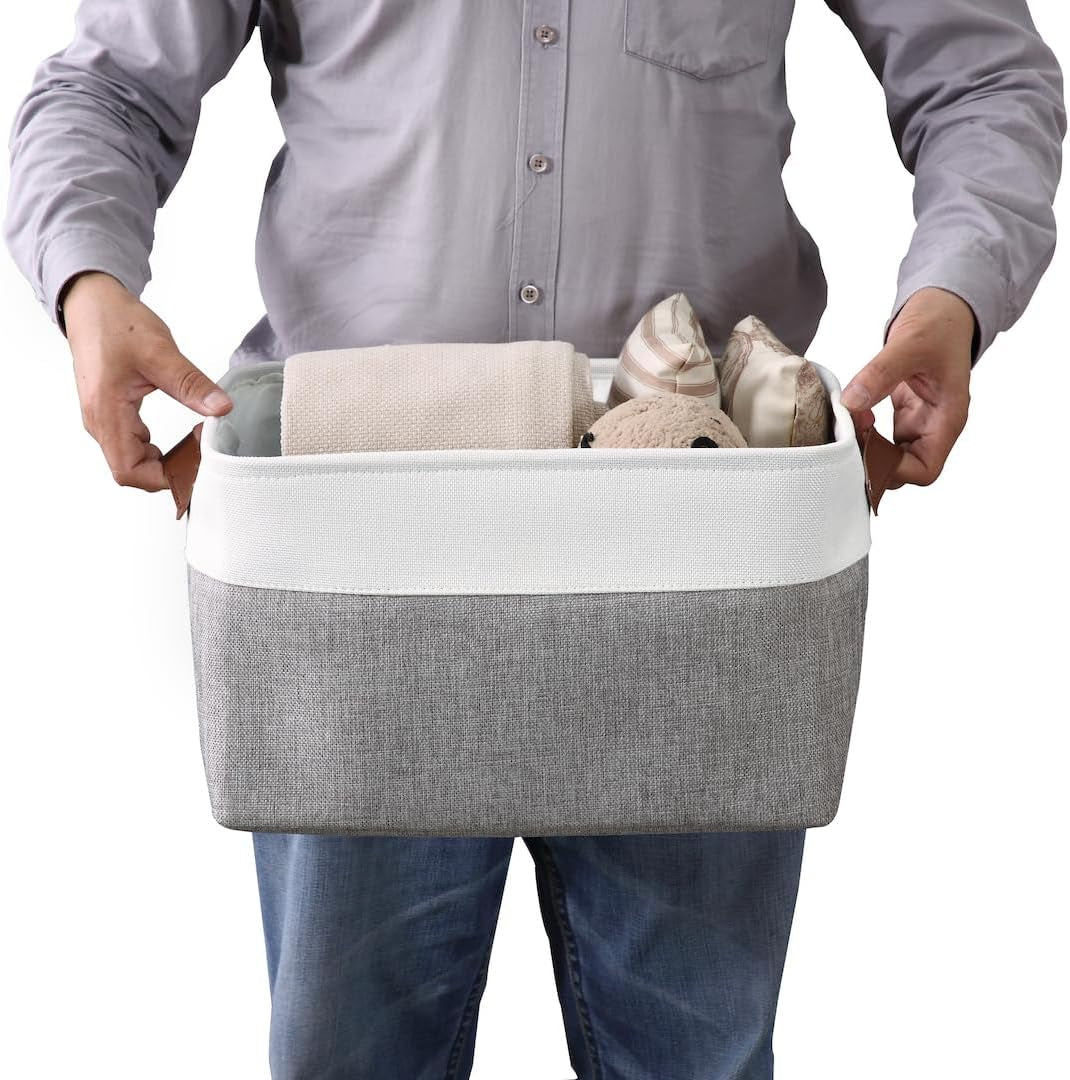 Large Fabric Storage Bins - Decorative Linen Closet Organizers for Shelves, 15 x 11 x 9.5 Inches (Grey & White, Set of 4)
