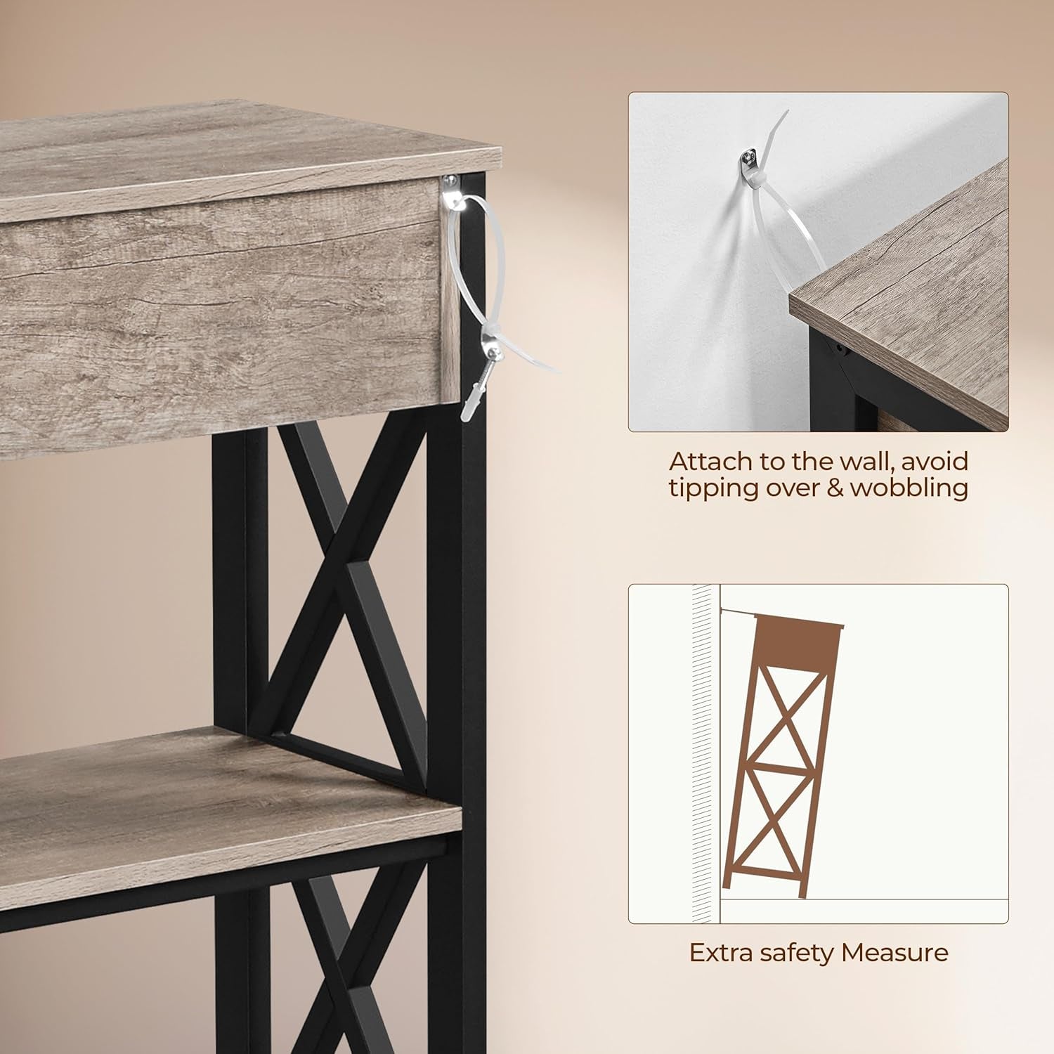 Console Table with Drawer and 3-Tier Storage Shelves, Narrow Sofa Table for Entryway, Living Room, Hallway, and Kitchen, Metal Frame, Gray