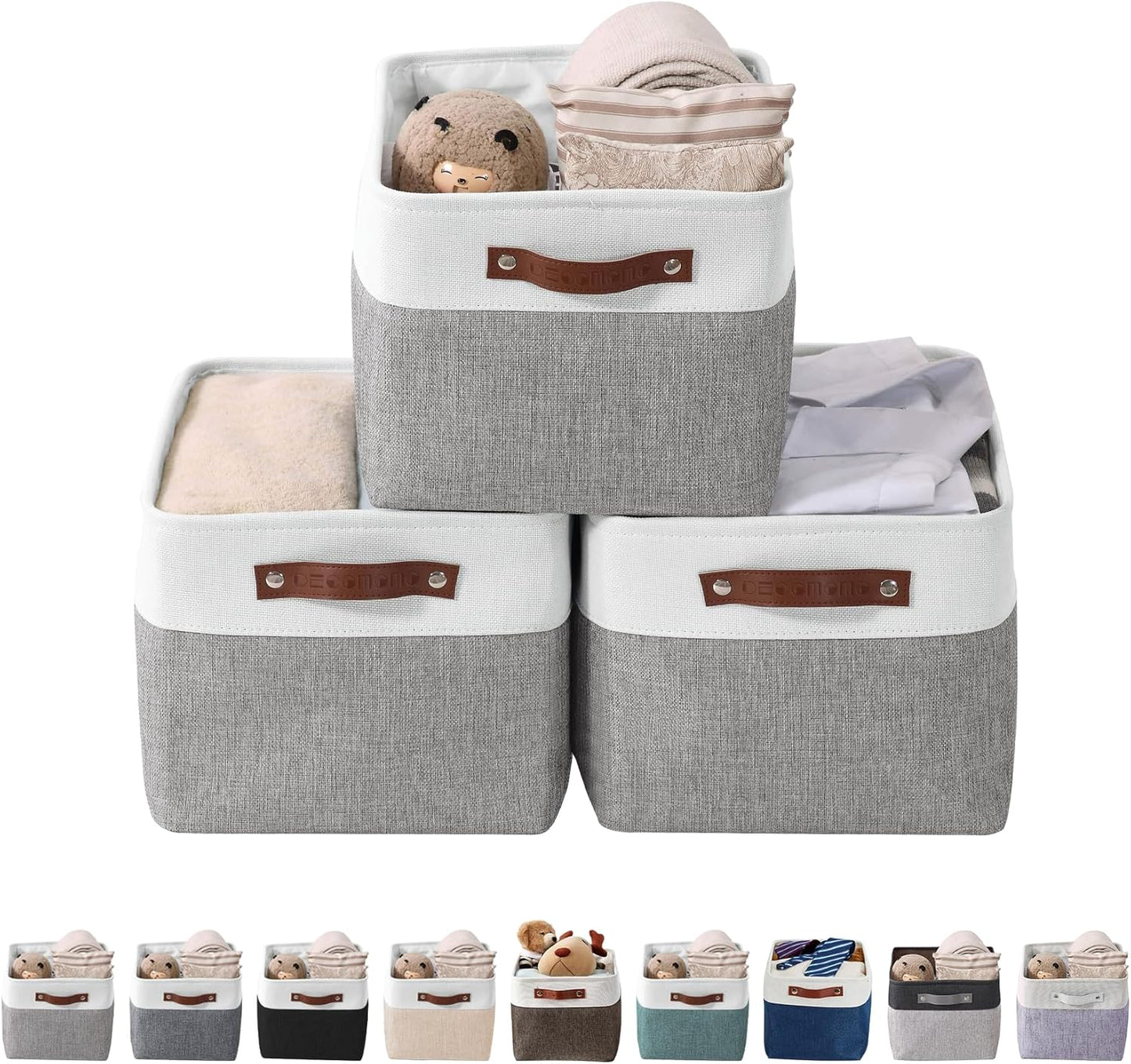 Large Fabric Storage Bins - Decorative Linen Closet Organizers for Shelves, 15 x 11 x 9.5 Inches (Grey & White, Set of 4)