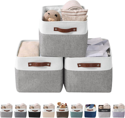 Large Fabric Storage Bins - Decorative Linen Closet Organizers for Shelves, 15 x 11 x 9.5 Inches (Grey & White, Set of 4)