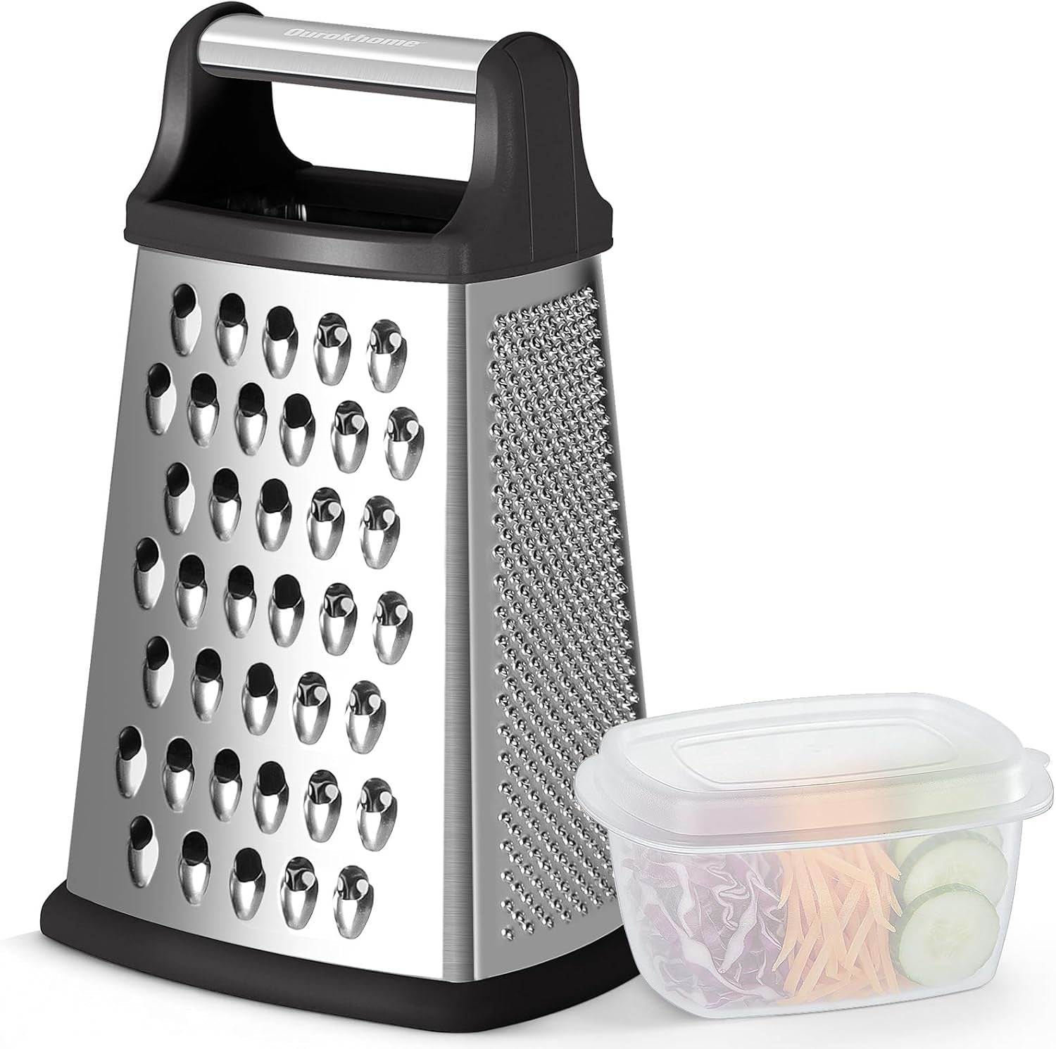Handheld Box Grater with Container and Lid, 4-Sided Stainless Steel, Includes Wavy Julienne, Slicer, Coarse Shred, and Fine Zester, Non-Slip Base, Dishwasher Safe, 8 Inches
