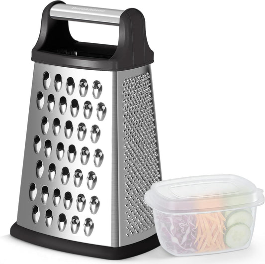 Handheld Box Grater with Container and Lid, 4-Sided Stainless Steel, Includes Wavy Julienne, Slicer, Coarse Shred, and Fine Zester, Non-Slip Base, Dishwasher Safe, 8 Inches