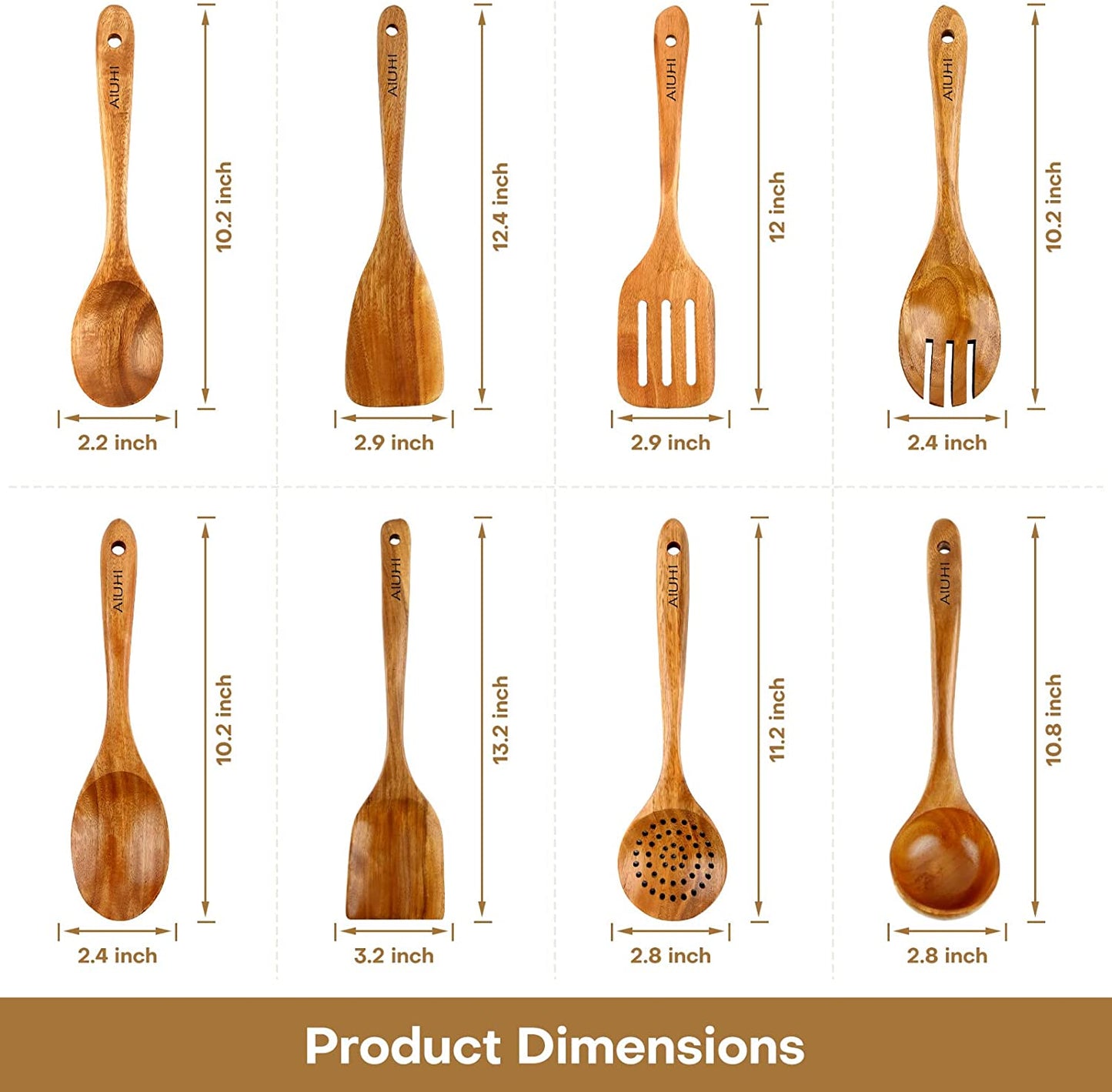 Teak Wooden Cooking Utensil Set - 8-Piece Nonstick and Scratch-Resistant Kitchen Spoons
