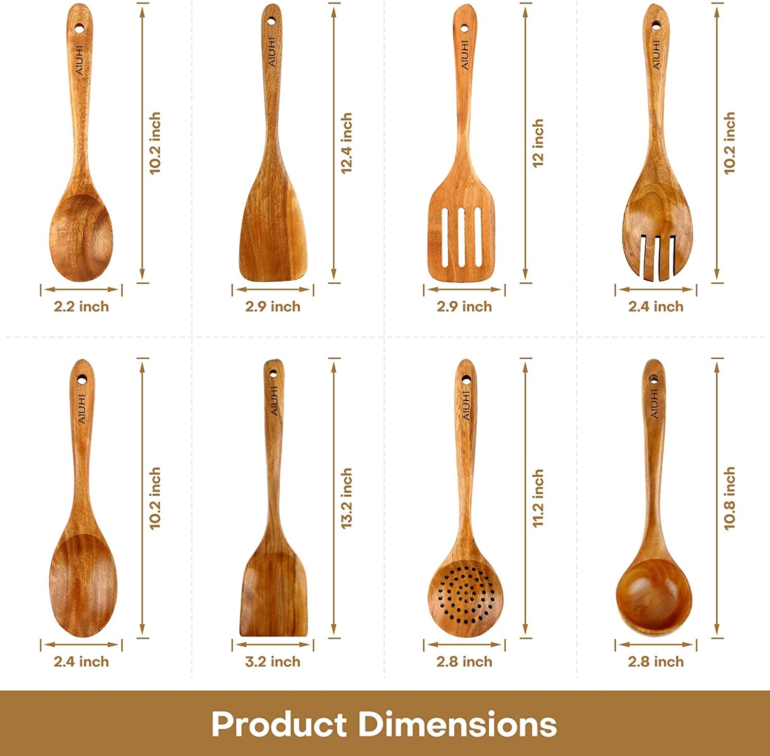 Teak Wooden Cooking Utensil Set - 8-Piece Nonstick and Scratch-Resistant Kitchen Spoons