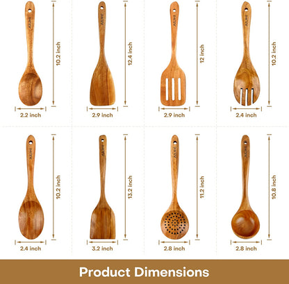 Teak Wooden Cooking Utensil Set - 8-Piece Nonstick and Scratch-Resistant Kitchen Spoons