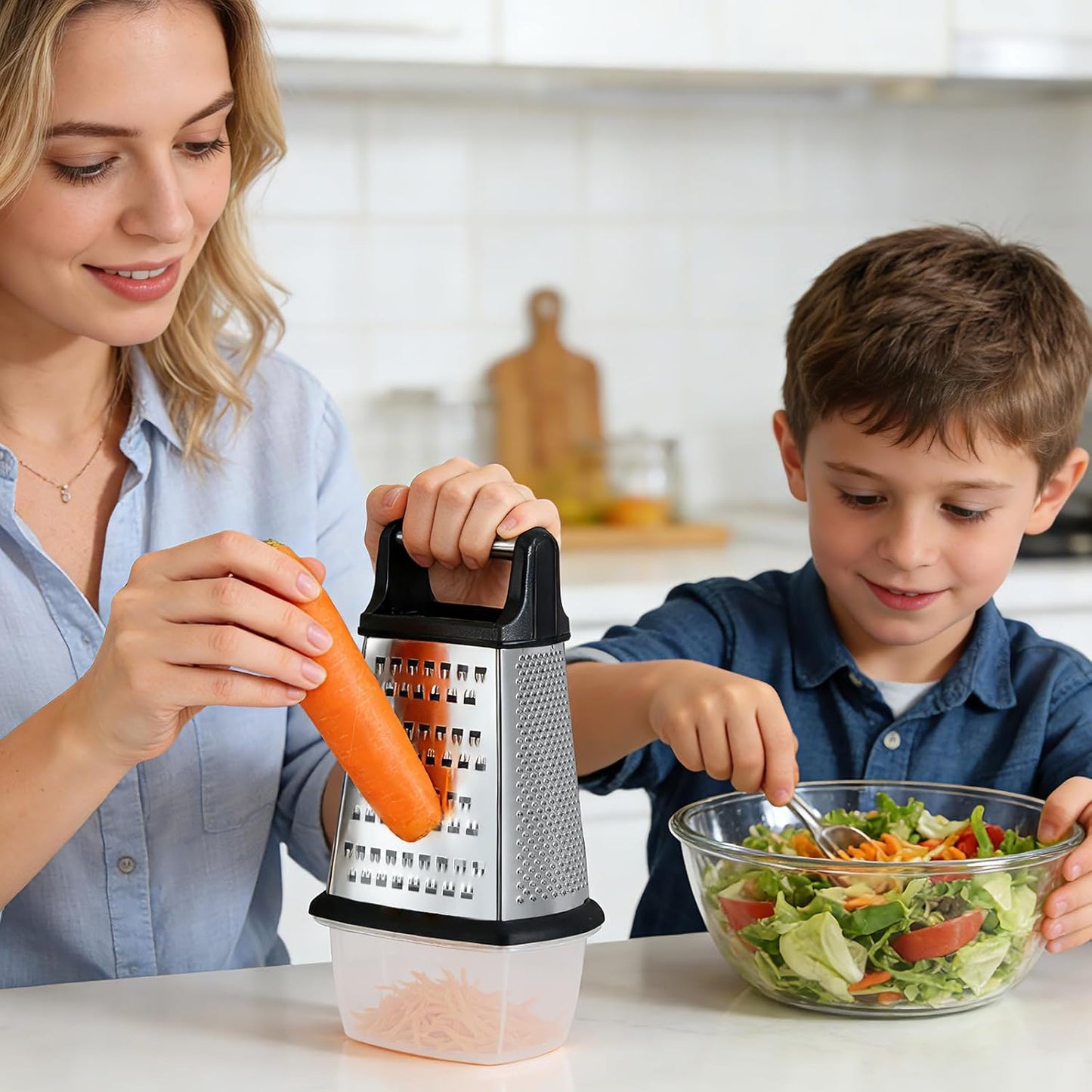 Handheld Box Grater with Container and Lid, 4-Sided Stainless Steel, Includes Wavy Julienne, Slicer, Coarse Shred, and Fine Zester, Non-Slip Base, Dishwasher Safe, 8 Inches