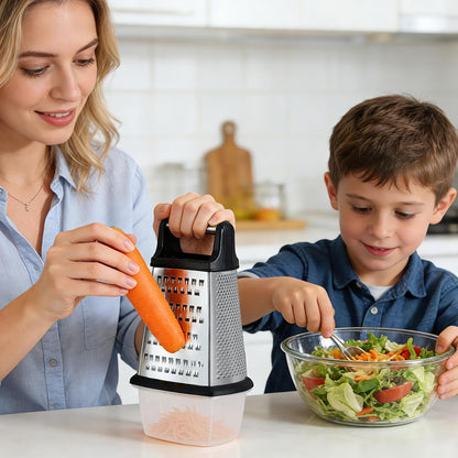 Handheld Box Grater with Container and Lid, 4-Sided Stainless Steel, Includes Wavy Julienne, Slicer, Coarse Shred, and Fine Zester, Non-Slip Base, Dishwasher Safe, 8 Inches