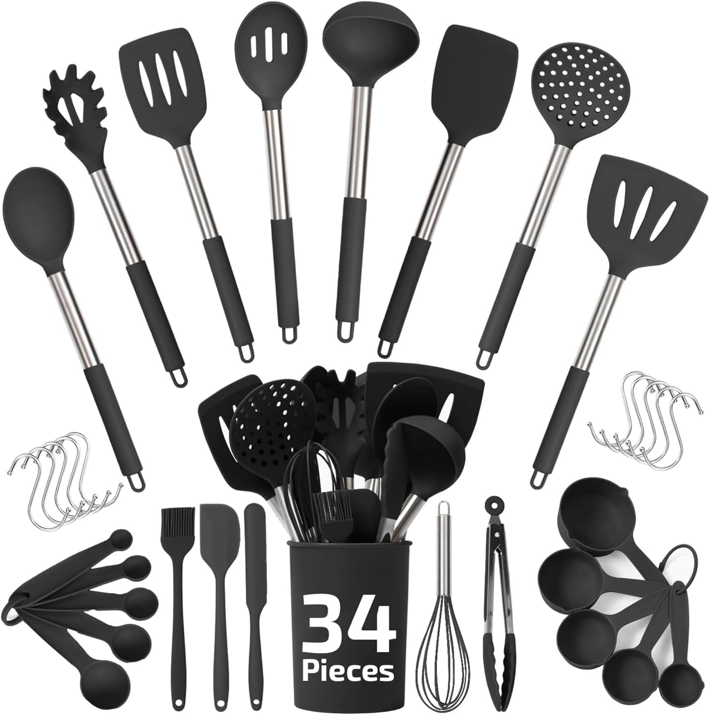 34-Piece Silicone Kitchen Utensils Set - Heat Resistant Up to 450°F - Black Cooking Utensils for Nonstick Cookware with Stainless Steel Handles and Additional Accessories