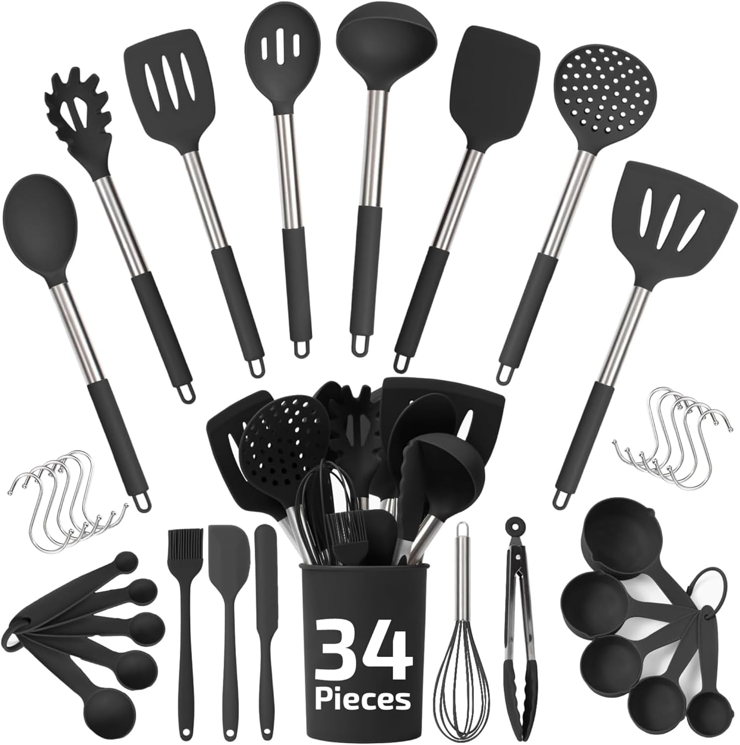 34-Piece Silicone Kitchen Utensils Set - Heat Resistant Up to 450°F - Black Cooking Utensils for Nonstick Cookware with Stainless Steel Handles and Additional Accessories