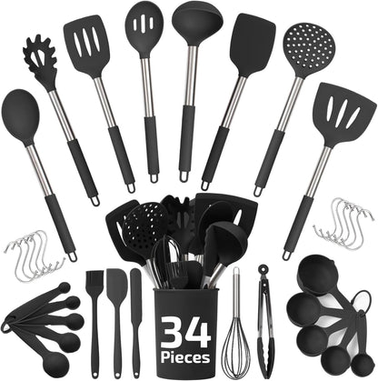 34-Piece Silicone Kitchen Utensils Set - Heat Resistant Up to 450°F - Black Cooking Utensils for Nonstick Cookware with Stainless Steel Handles and Additional Accessories