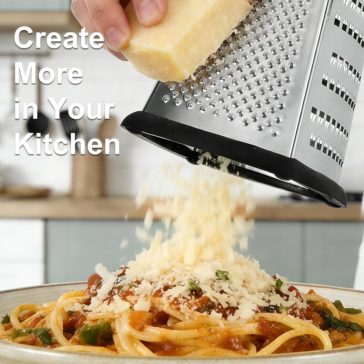 Handheld Box Grater with Container and Lid, 4-Sided Stainless Steel, Includes Wavy Julienne, Slicer, Coarse Shred, and Fine Zester, Non-Slip Base, Dishwasher Safe, 8 Inches