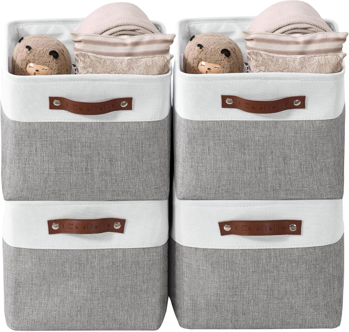Large Fabric Storage Bins - Decorative Linen Closet Organizers for Shelves, 15 x 11 x 9.5 Inches (Grey & White, Set of 4)
