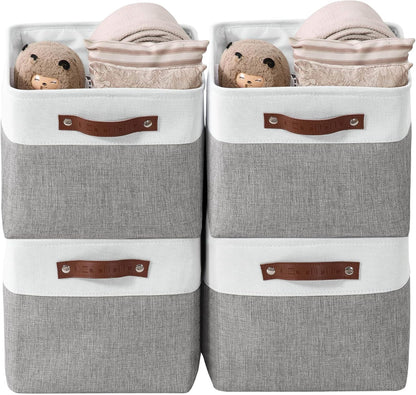 Large Fabric Storage Bins - Decorative Linen Closet Organizers for Shelves, 15 x 11 x 9.5 Inches (Grey & White, Set of 4)