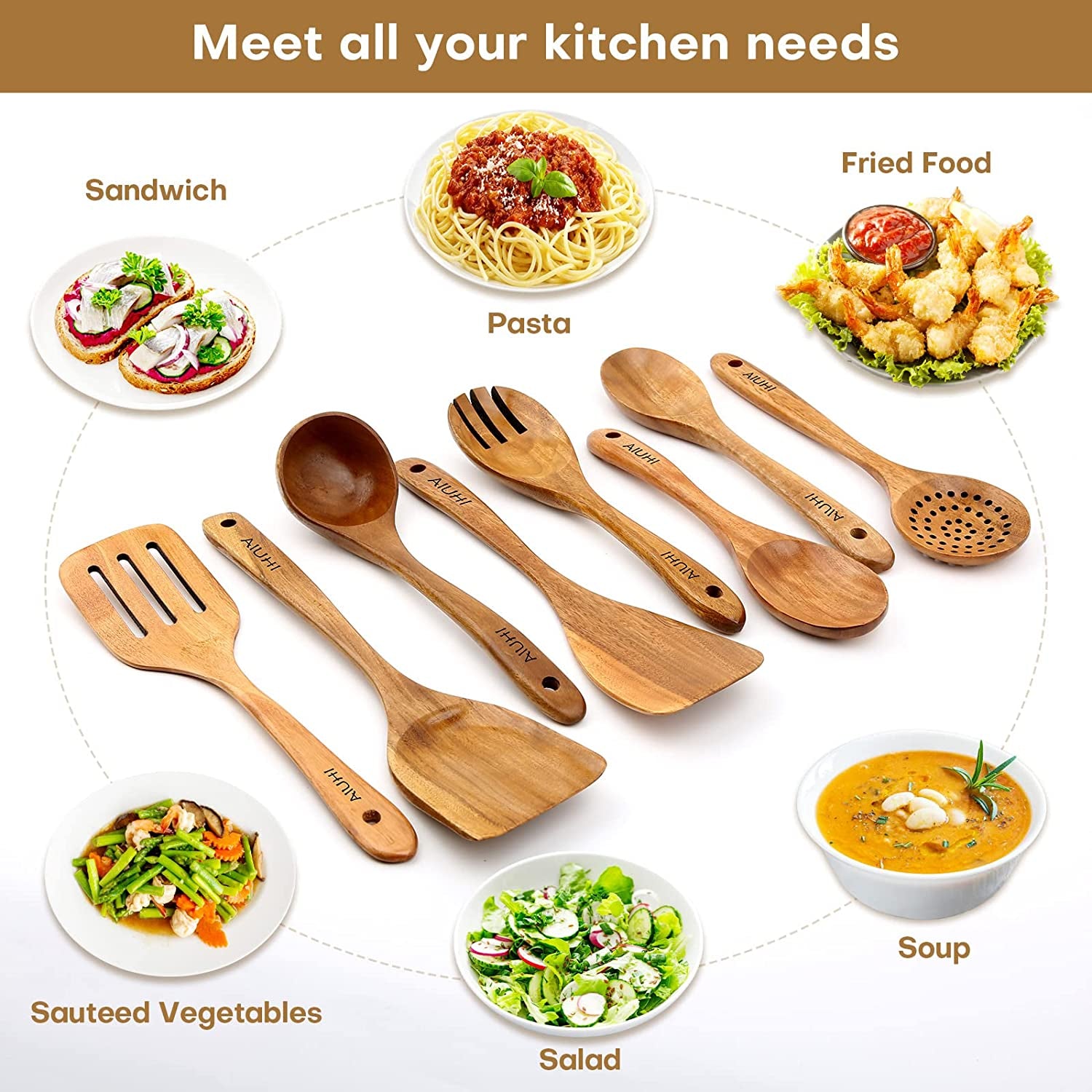 Teak Wooden Cooking Utensil Set - 8-Piece Nonstick and Scratch-Resistant Kitchen Spoons
