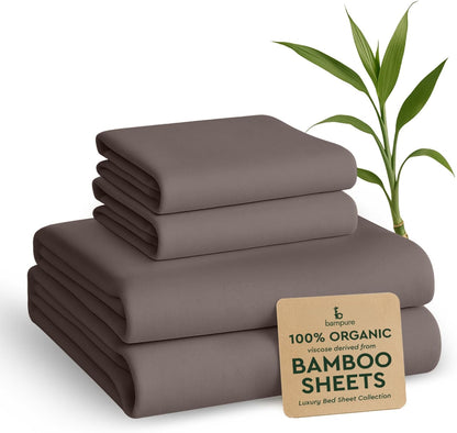 Luxury Twin Bamboo Viscose Sheet Set - 4 Pieces - Ultra Soft Cooling Fabric - Deep Pocket up to 16" - Includes 1 Flat Sheet, 1 Fitted Sheet, 2 Pillowcases (Stone Grey)