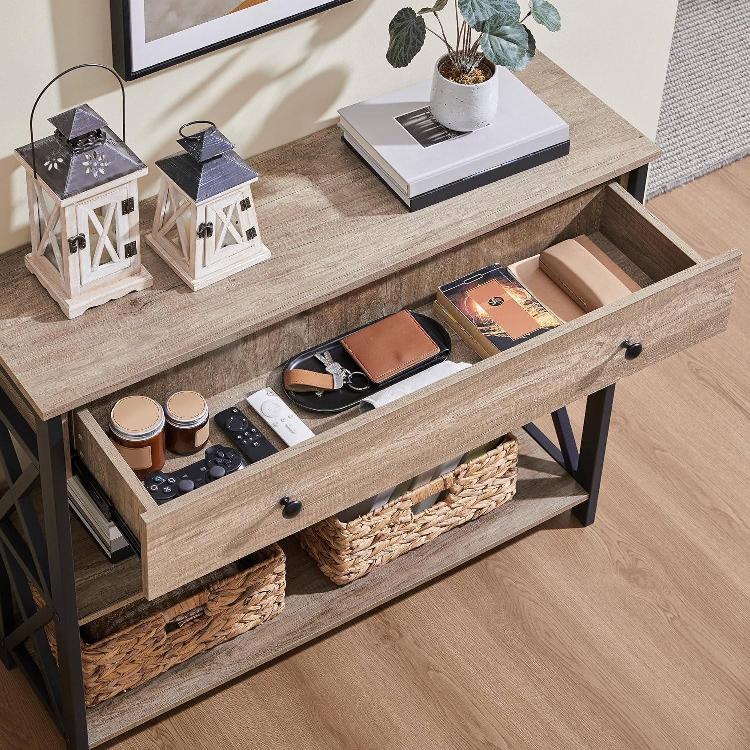Console Table with Drawer and 3-Tier Storage Shelves, Narrow Sofa Table for Entryway, Living Room, Hallway, and Kitchen, Metal Frame, Gray