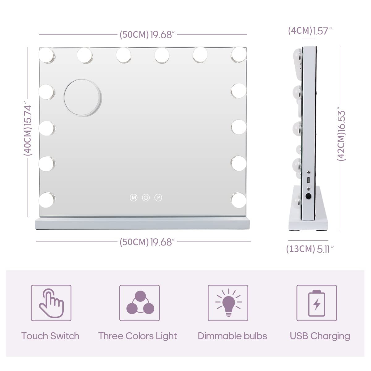 Professional Hollywood Vanity Mirror with Adjustable LED Lighting, Touch Screen Controls, and USB Charging Port