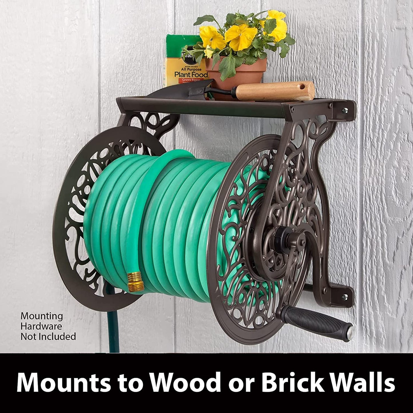 Decorative Cast Aluminum Wall-Mounted Garden Hose Reel - Bronze Finish, Accommodates 125 Feet of 5/8-Inch Hose