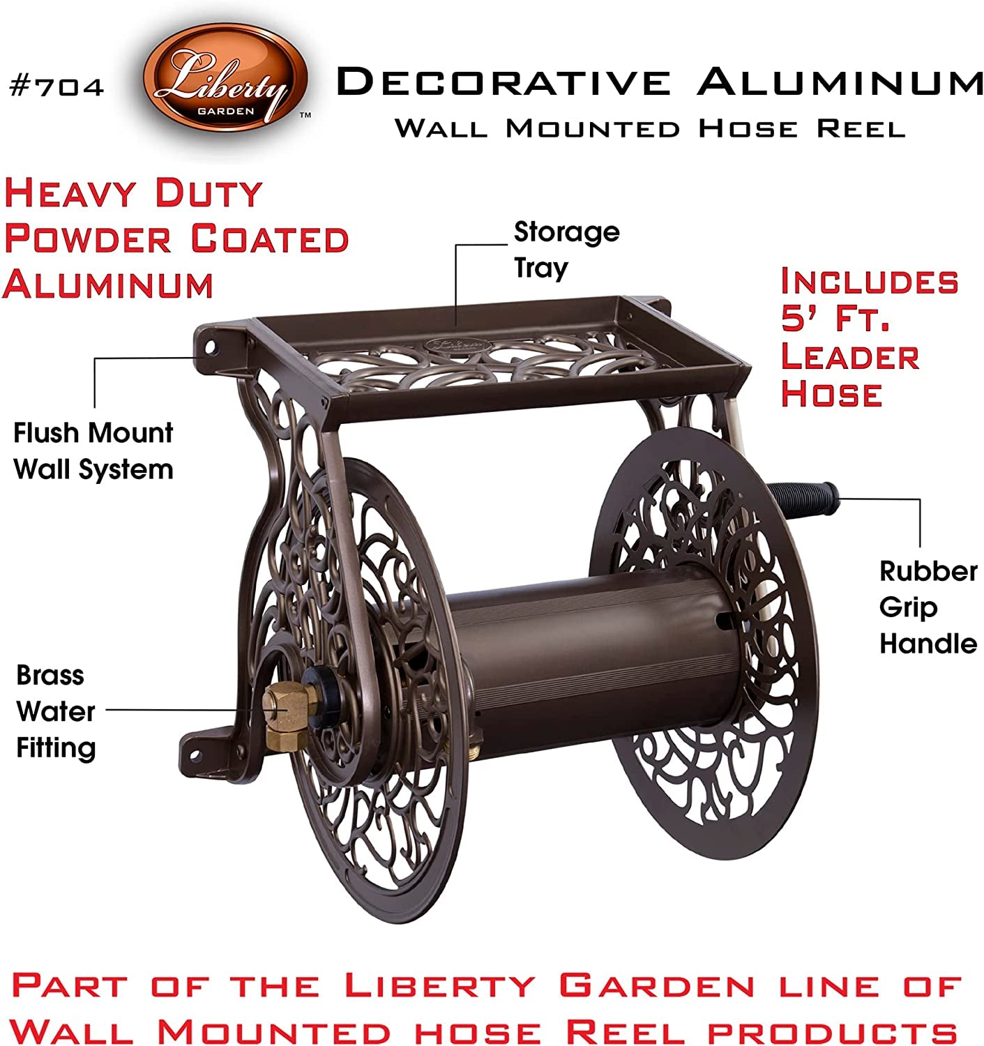 Decorative Cast Aluminum Wall-Mounted Garden Hose Reel - Bronze Finish, Accommodates 125 Feet of 5/8-Inch Hose
