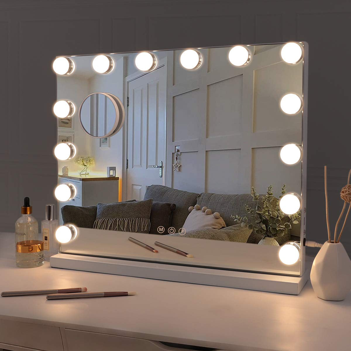 Professional Hollywood Vanity Mirror with Adjustable LED Lighting, Touch Screen Controls, and USB Charging Port