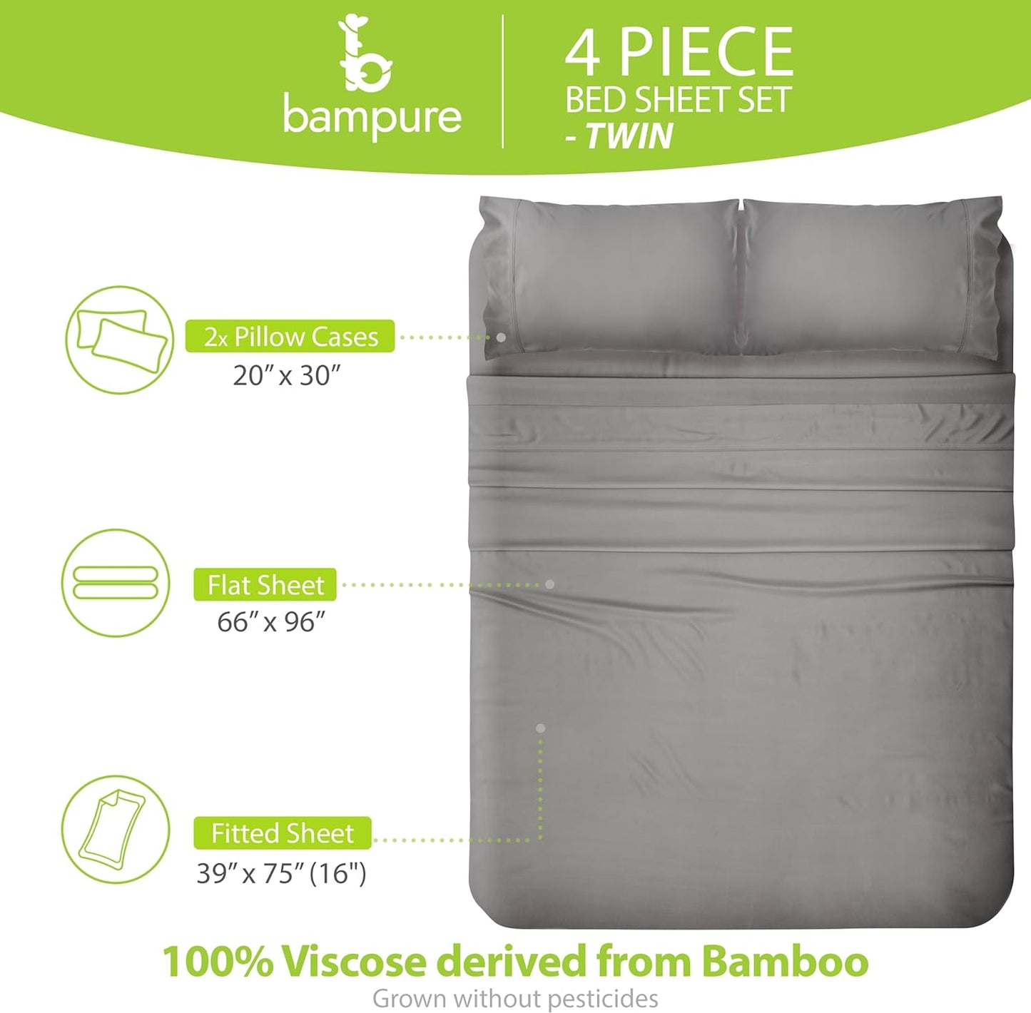 Luxury Twin Bamboo Viscose Sheet Set - 4 Pieces - Ultra Soft Cooling Fabric - Deep Pocket up to 16" - Includes 1 Flat Sheet, 1 Fitted Sheet, 2 Pillowcases (Stone Grey)