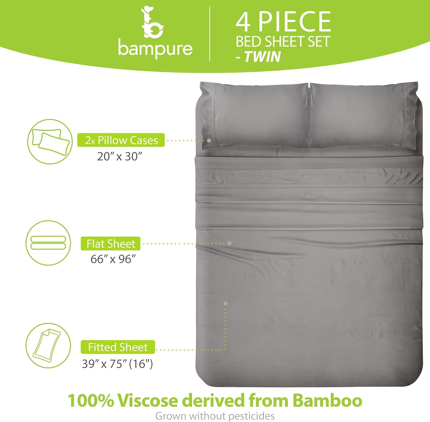 Luxury Twin Bamboo Viscose Sheet Set - 4 Pieces - Ultra Soft Cooling Fabric - Deep Pocket up to 16" - Includes 1 Flat Sheet, 1 Fitted Sheet, 2 Pillowcases (Stone Grey)