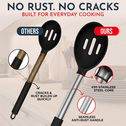 34-Piece Silicone Kitchen Utensils Set - Heat Resistant Up to 450°F - Black Cooking Utensils for Nonstick Cookware with Stainless Steel Handles and Additional Accessories