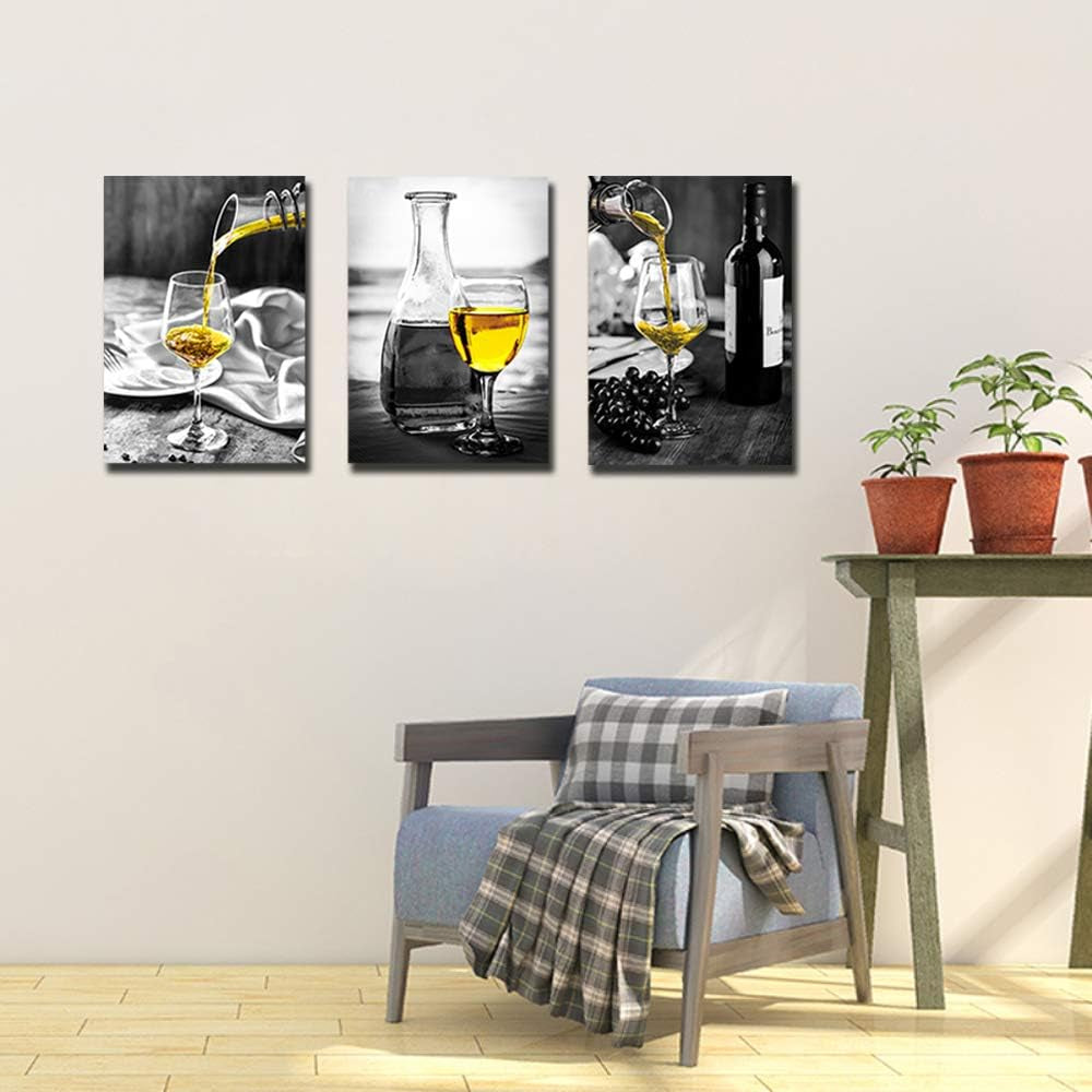Elegant Wine-Themed Canvas Wall Art for Dining Room Decor - Black and White Artwork Featuring Yellow Wine in Cups