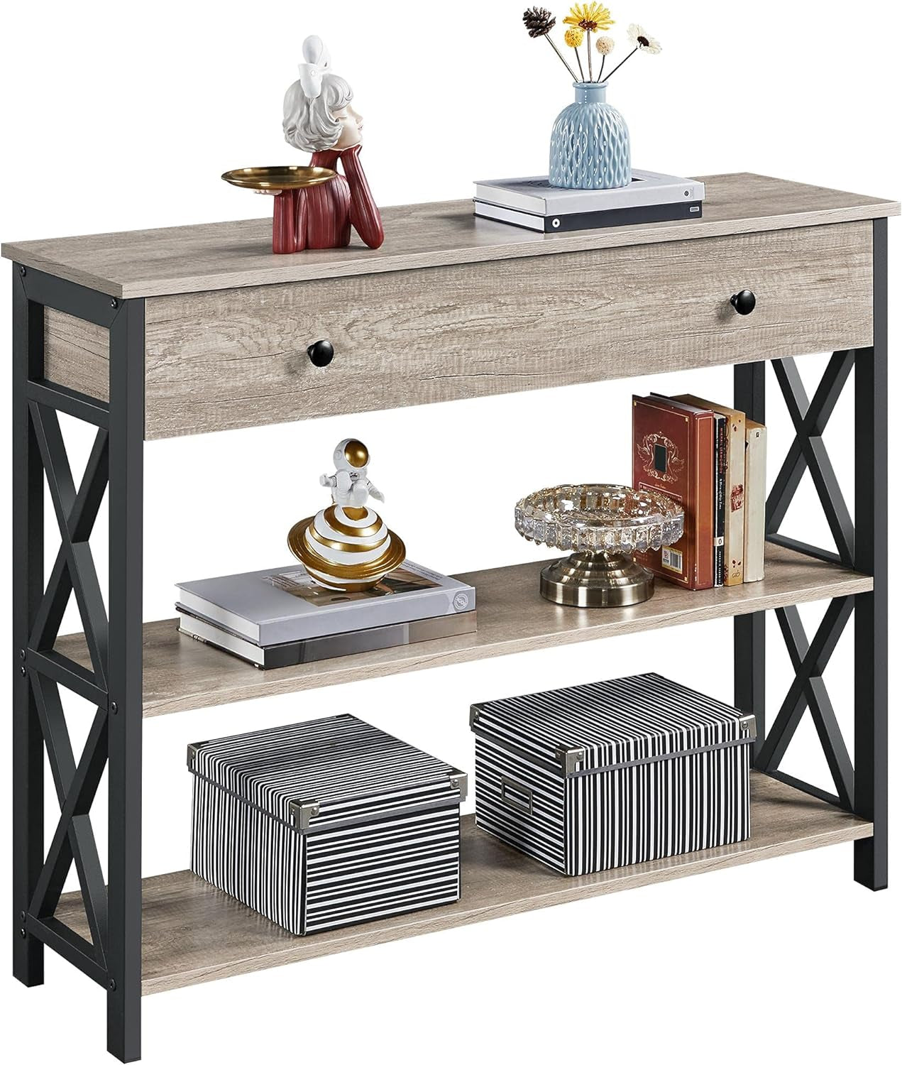 Console Table with Drawer and 3-Tier Storage Shelves, Narrow Sofa Table for Entryway, Living Room, Hallway, and Kitchen, Metal Frame, Gray
