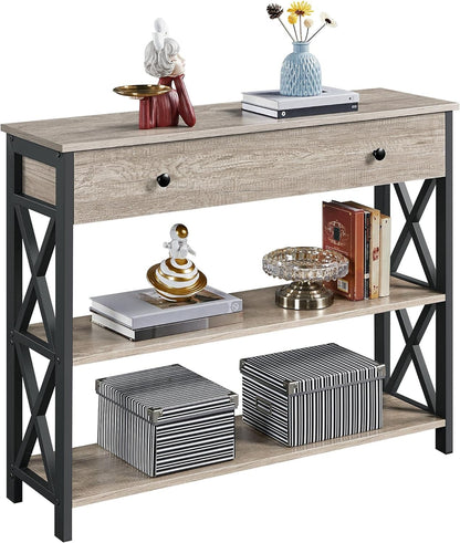Console Table with Drawer and 3-Tier Storage Shelves, Narrow Sofa Table for Entryway, Living Room, Hallway, and Kitchen, Metal Frame, Gray