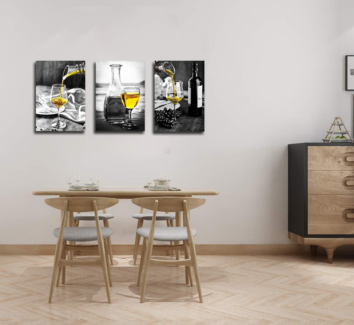 Elegant Wine-Themed Canvas Wall Art for Dining Room Decor - Black and White Artwork Featuring Yellow Wine in Cups