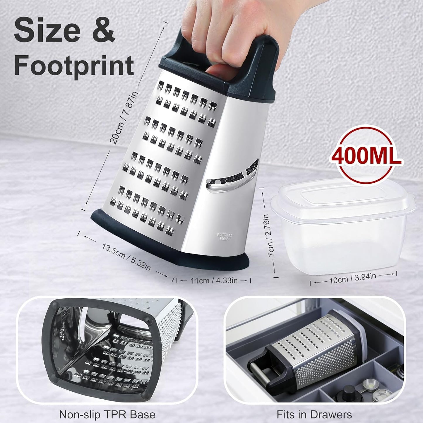 Handheld Box Grater with Container and Lid, 4-Sided Stainless Steel, Includes Wavy Julienne, Slicer, Coarse Shred, and Fine Zester, Non-Slip Base, Dishwasher Safe, 8 Inches