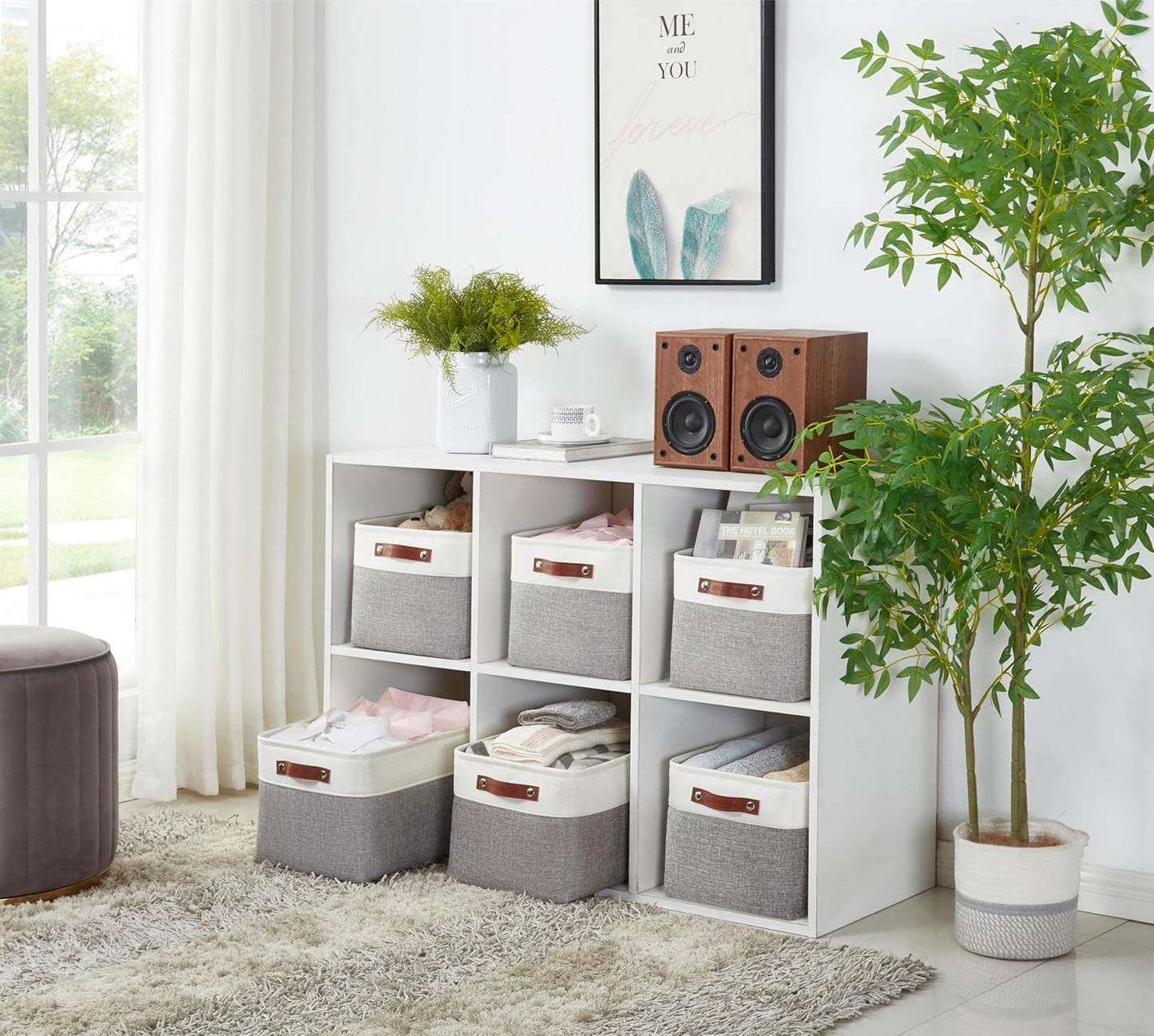 Large Fabric Storage Bins - Decorative Linen Closet Organizers for Shelves, 15 x 11 x 9.5 Inches (Grey & White, Set of 4)