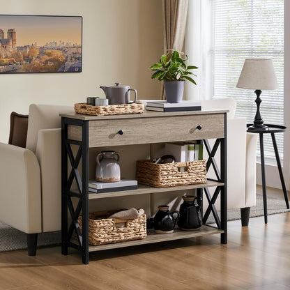 Console Table with Drawer and 3-Tier Storage Shelves, Narrow Sofa Table for Entryway, Living Room, Hallway, and Kitchen, Metal Frame, Gray