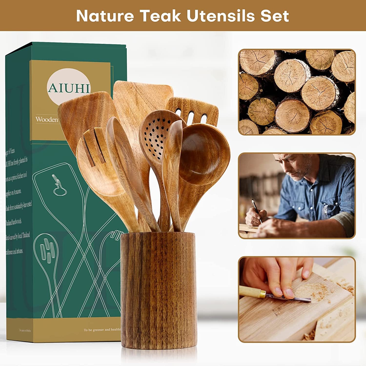 Teak Wooden Cooking Utensil Set - 8-Piece Nonstick and Scratch-Resistant Kitchen Spoons