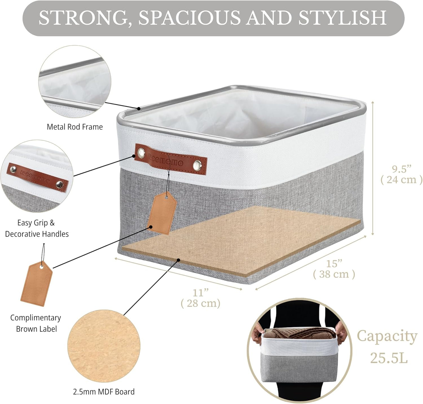 Large Fabric Storage Bins - Decorative Linen Closet Organizers for Shelves, 15 x 11 x 9.5 Inches (Grey & White, Set of 4)