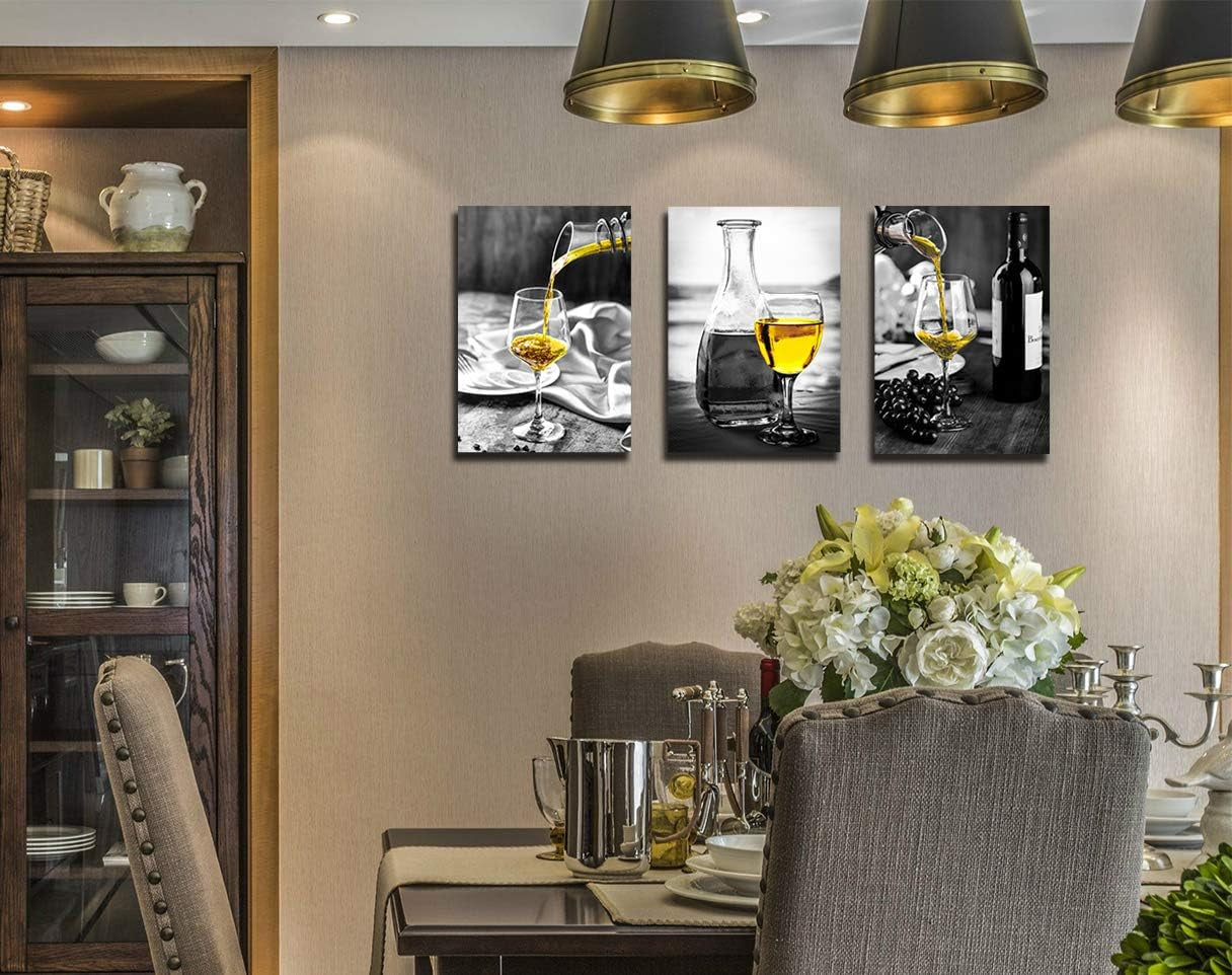 Elegant Wine-Themed Canvas Wall Art for Dining Room Decor - Black and White Artwork Featuring Yellow Wine in Cups