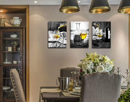 Elegant Wine-Themed Canvas Wall Art for Dining Room Decor - Black and White Artwork Featuring Yellow Wine in Cups