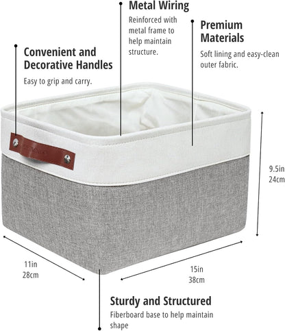 Large Fabric Storage Bins - Decorative Linen Closet Organizers for Shelves, 15 x 11 x 9.5 Inches (Grey & White, Set of 4)