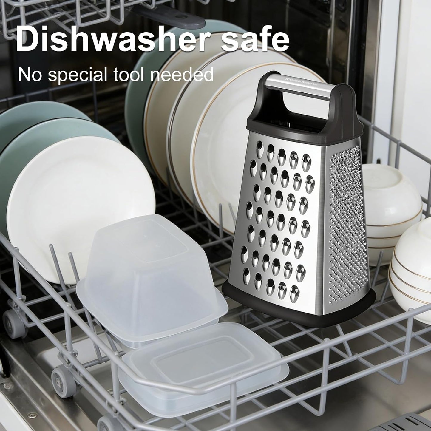 Handheld Box Grater with Container and Lid, 4-Sided Stainless Steel, Includes Wavy Julienne, Slicer, Coarse Shred, and Fine Zester, Non-Slip Base, Dishwasher Safe, 8 Inches