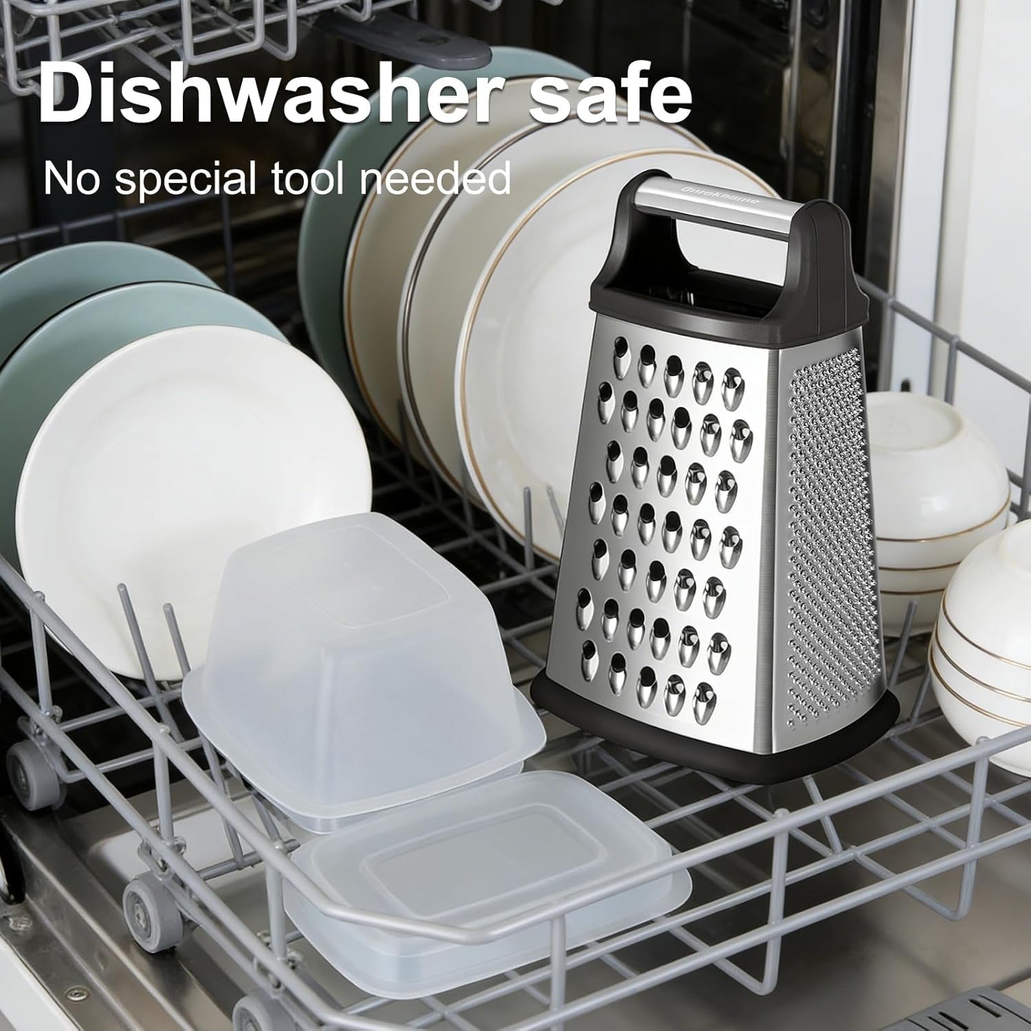 Handheld Box Grater with Container and Lid, 4-Sided Stainless Steel, Includes Wavy Julienne, Slicer, Coarse Shred, and Fine Zester, Non-Slip Base, Dishwasher Safe, 8 Inches