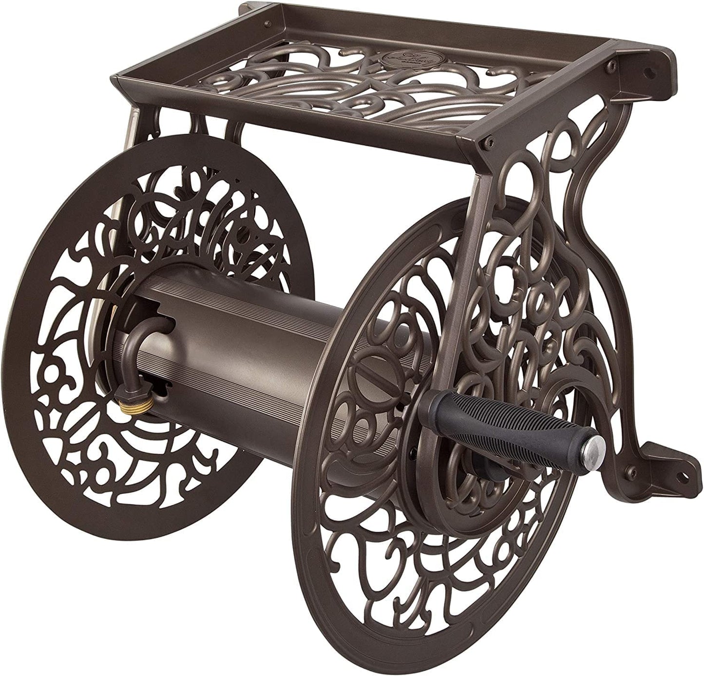 Decorative Cast Aluminum Wall-Mounted Garden Hose Reel - Bronze Finish, Accommodates 125 Feet of 5/8-Inch Hose